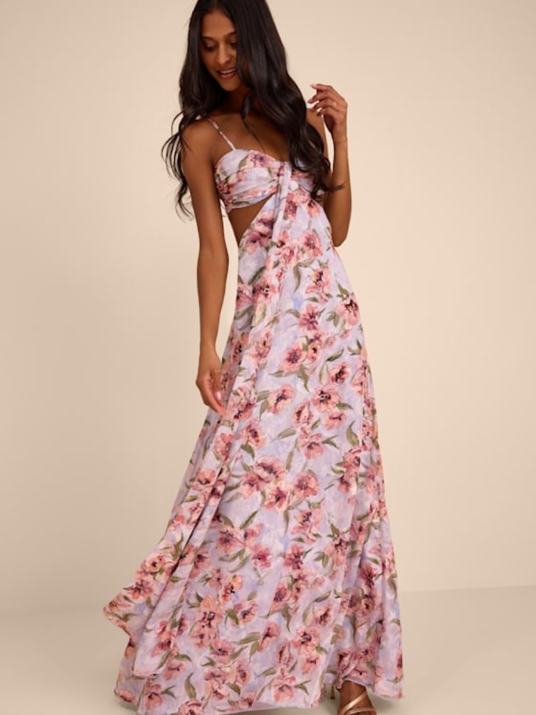 Lulus Heidi Lavender Floral Cutout Maxi Dress Purple - Size Xs New With Tags